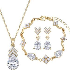 Women's 18K Gold & Silver & Rose Gold Plated Necklace Earrings Bracelet Set
